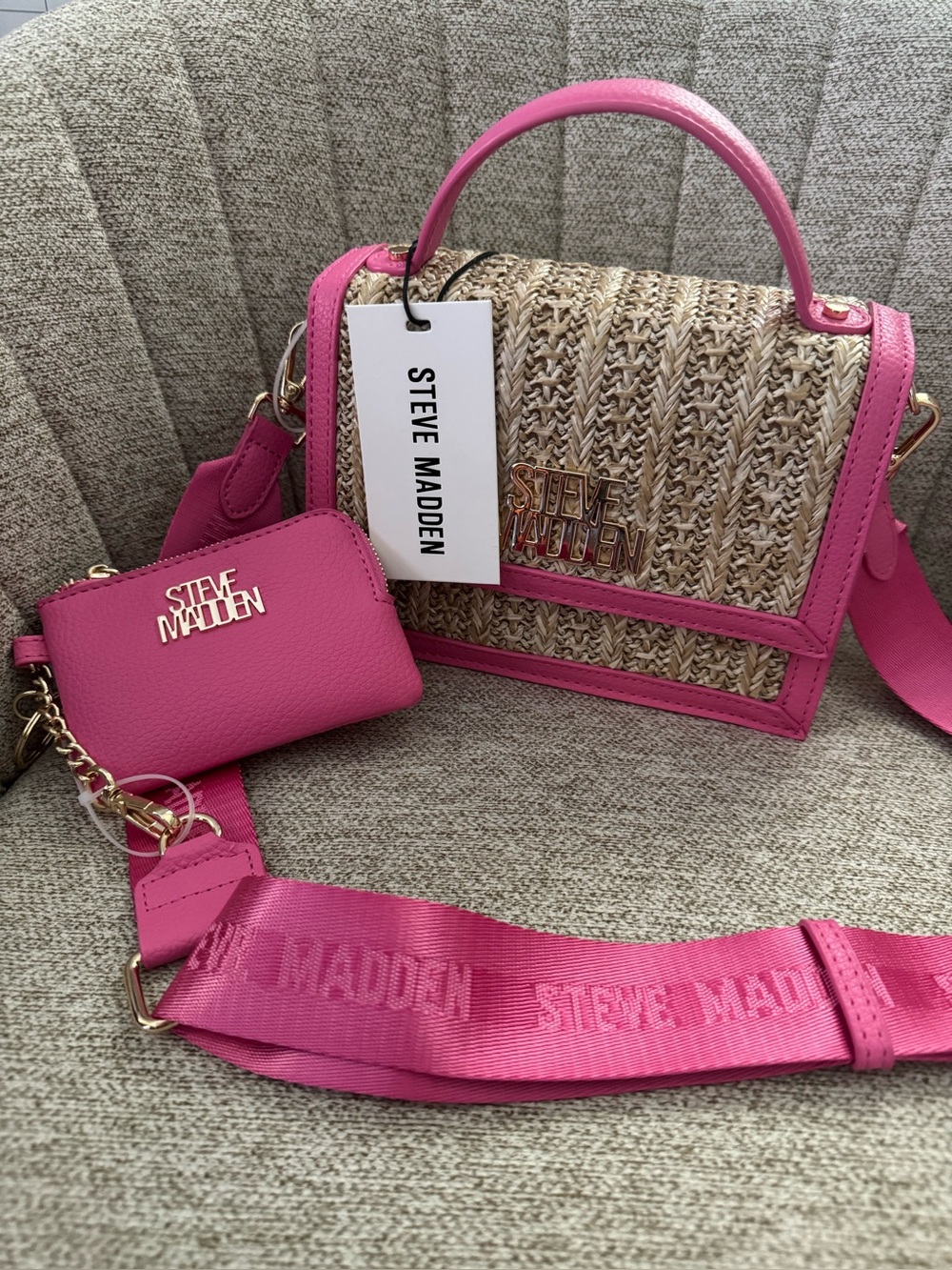 NWT Steve Madden Pink Straw Top-Handle Crossbody Bag with Coin Pouch